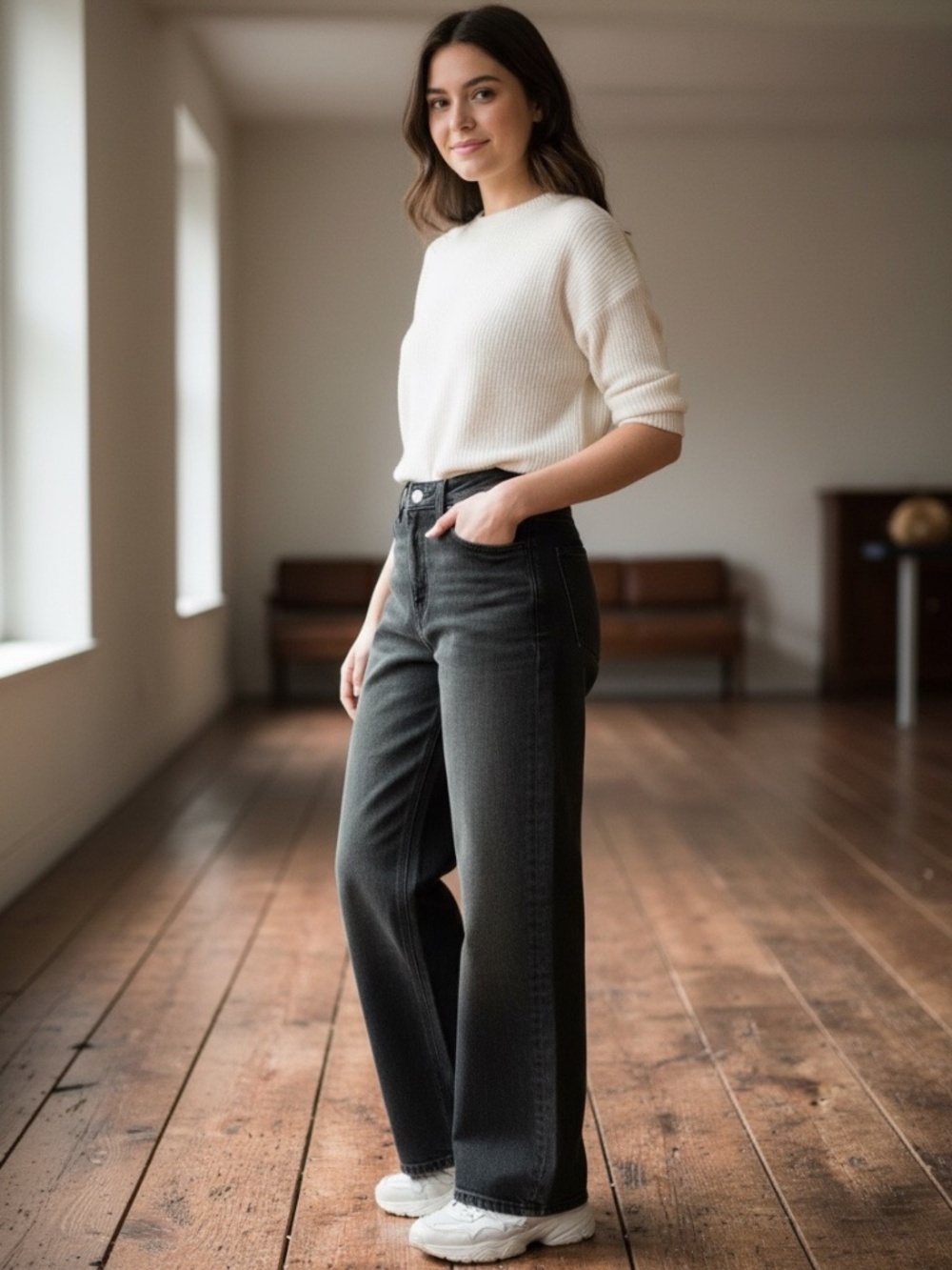 NWOT Quince High-Rise Wide-Legged Jeans in Black Size 7/8